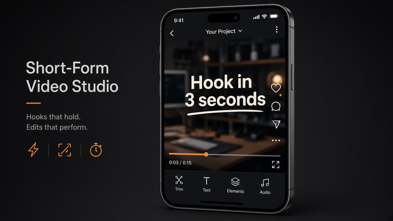 Phone mockup of a short in edit — hook text, captions, and trim tools