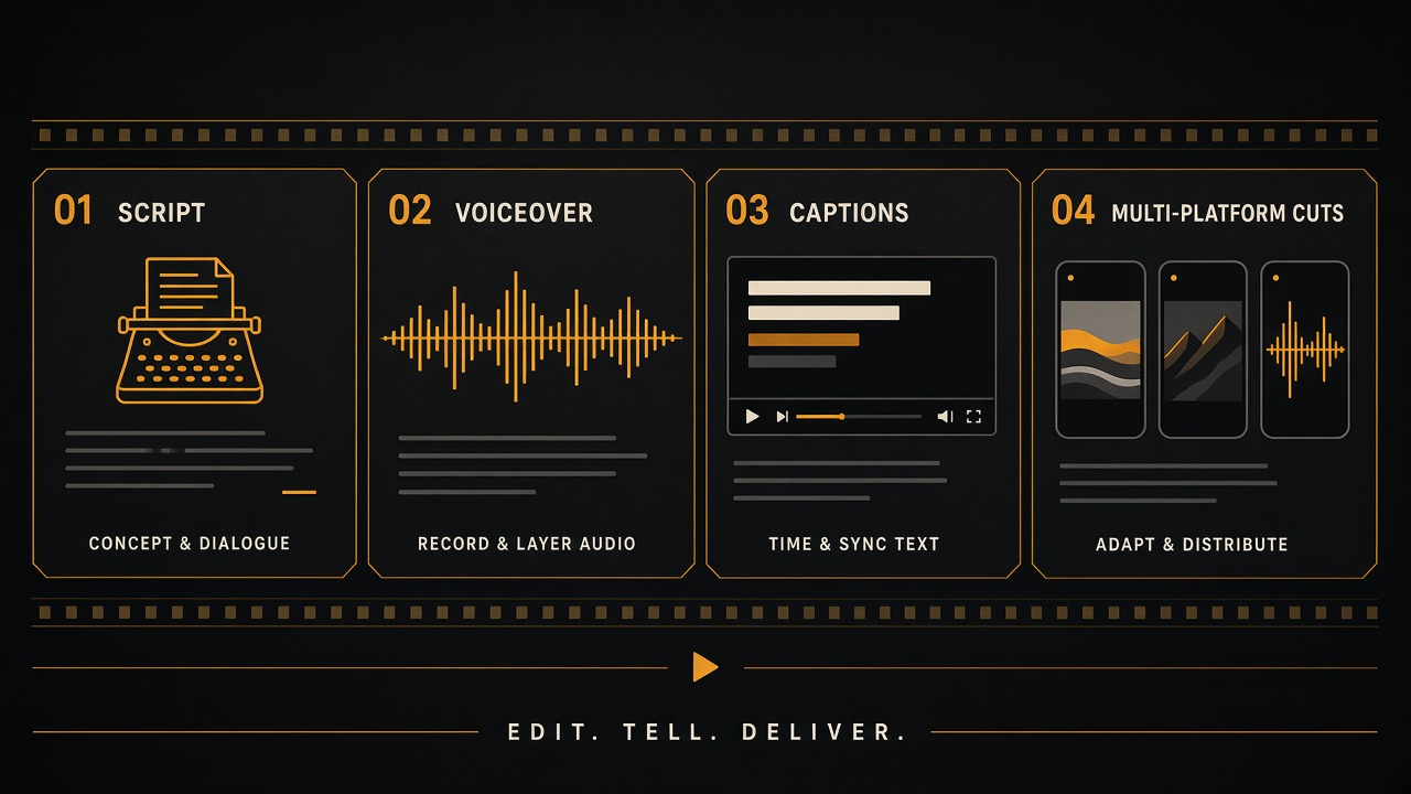 Process strip: Script, Voiceover, Captions, One edit · three platforms