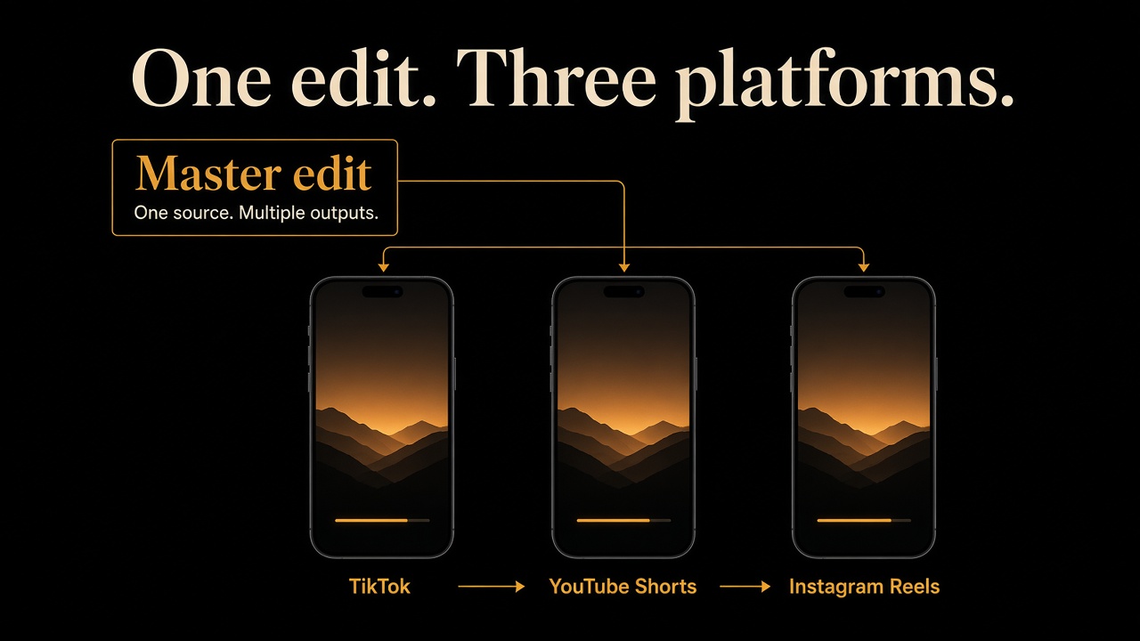One master edit delivered as TikTok, YouTube Shorts, and Instagram Reels